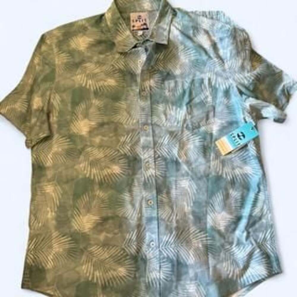 New SPLIT COAST Men's Green Blue Hawaiian Floral Short Sleeve Button-Up Shirt L